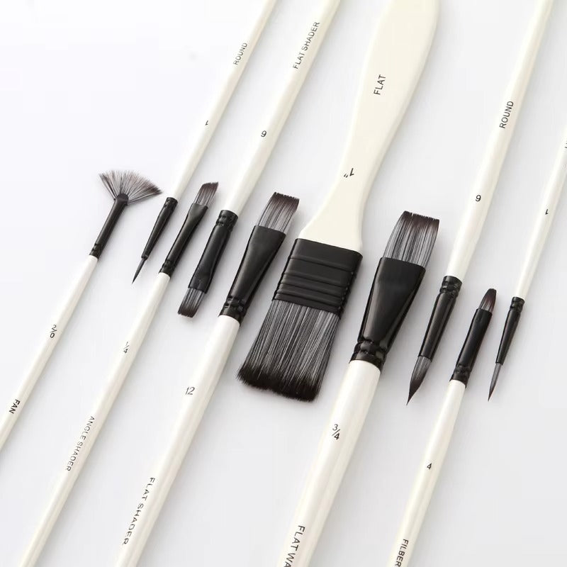 10-Piece Watercolor Brush Set – Wood Handle, Nylon Bristles (With Plate, Cloth Bag) | Wholesale Painting Supplies