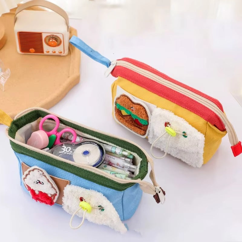 Custom Embroidery Pencil Case – Large Capacity (Cartoon Bear & Hamburger, Fabric, For Students)