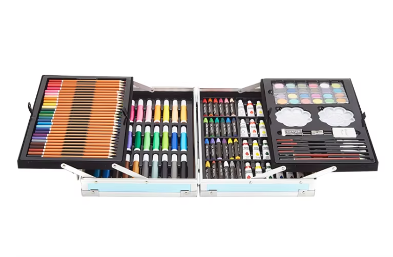 145-Piece Deluxe Art Stationery Set – Aluminum Case with Handle (Drawing, Coloring, Painting for Kids & Students)