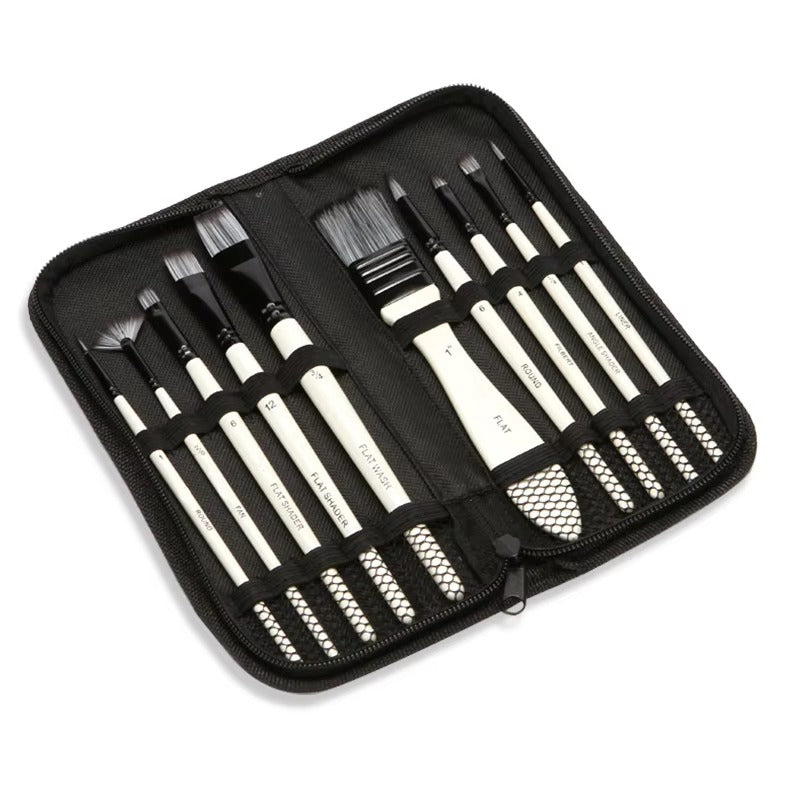 10-Piece Watercolor Brush Set – Wood Handle, Nylon Bristles (With Plate, Cloth Bag) | Wholesale Painting Supplies