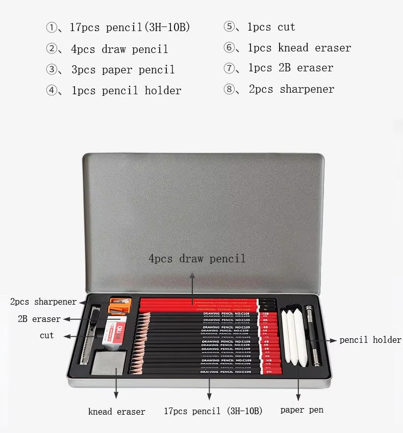 30-Piece Deluxe Art Stationery Set – Tin Box, Drawing & Sketch Pencils (For Students & Kids)