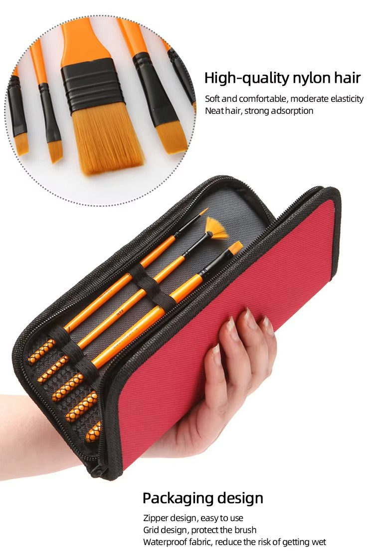 10-Piece Watercolor Brush Set – Wood Handle, Nylon Bristles (With Plate, Cloth Bag) | Wholesale Painting Supplies