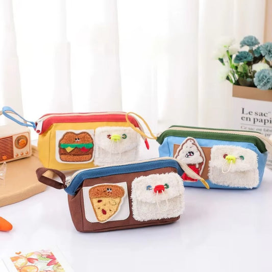 Custom Embroidery Pencil Case – Large Capacity (Cartoon Bear & Hamburger, Fabric, For Students)