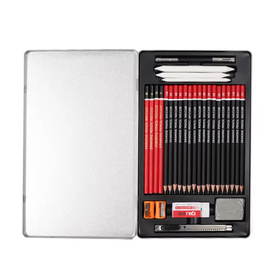 30-Piece Deluxe Art Stationery Set – Tin Box, Drawing & Sketch Pencils (For Students & Kids)
