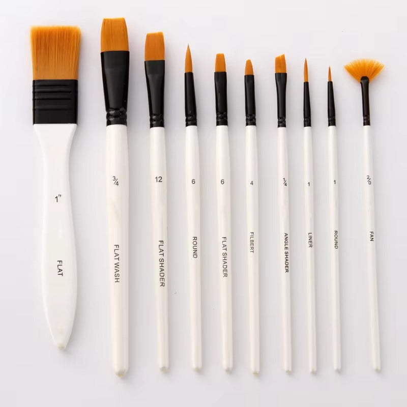 10-Piece Watercolor Brush Set – Wood Handle, Nylon Bristles (With Plate, Cloth Bag) | Wholesale Painting Supplies