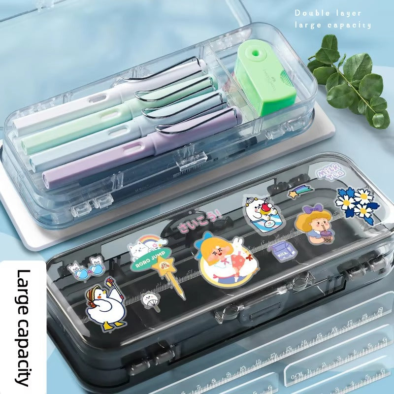 Large-Capacity Double - Storage Transparent Plastic Pencil Case – Simple Design (For Students' Stationery Sets)