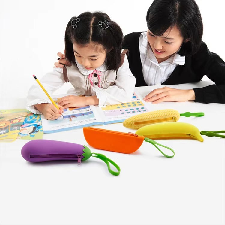 Large-Capacity Silicone Pencil Case – Zippered, Fruit & Vegetable Cartoon Design (Student Stationery Storage Bag)