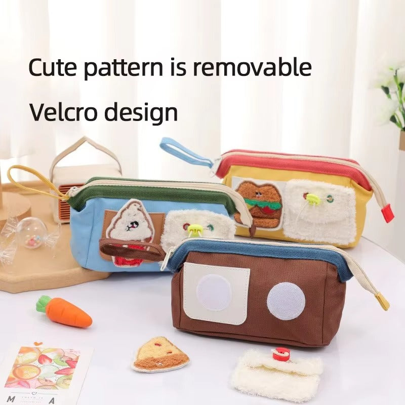 Custom Embroidery Pencil Case – Large Capacity (Cartoon Bear & Hamburger, Fabric, For Students)