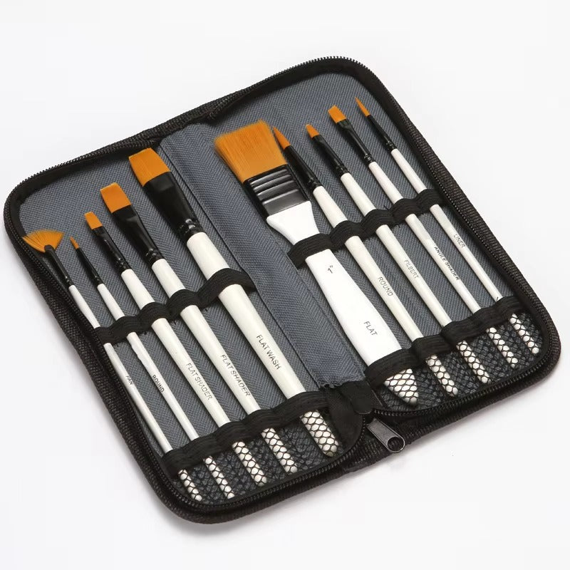 10-Piece Watercolor Brush Set – Wood Handle, Nylon Bristles (With Plate, Cloth Bag) | Wholesale Painting Supplies