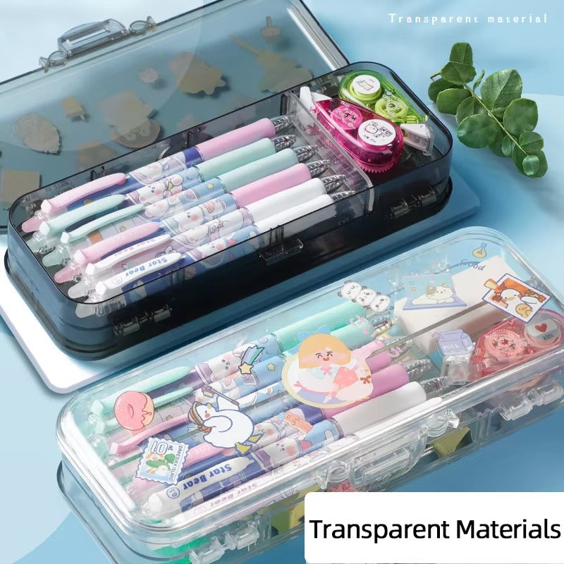 Large-Capacity Double - Storage Transparent Plastic Pencil Case – Simple Design (For Students' Stationery Sets)