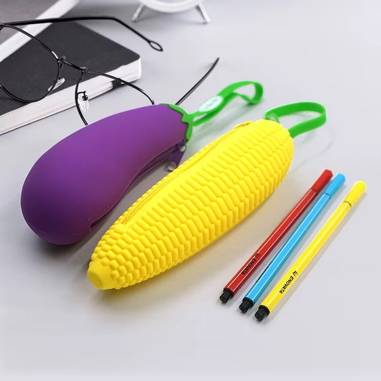 Large-Capacity Silicone Pencil Case – Zippered, Fruit & Vegetable Cartoon Design (Student Stationery Storage Bag)