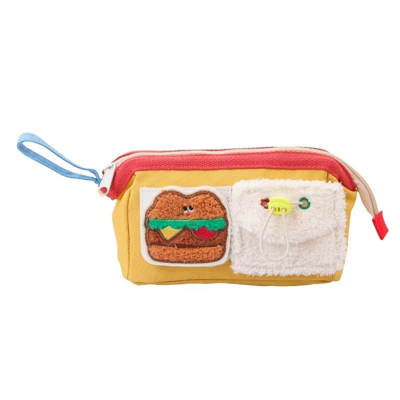 Custom Embroidery Pencil Case – Large Capacity (Cartoon Bear & Hamburger, Fabric, For Students)