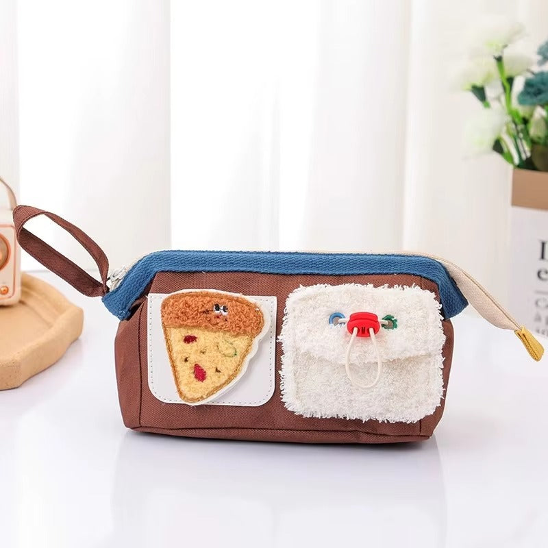 Custom Embroidery Pencil Case – Large Capacity (Cartoon Bear & Hamburger, Fabric, For Students)