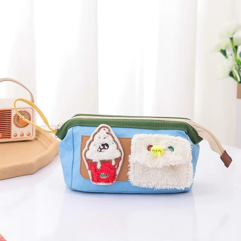 Custom Embroidery Pencil Case – Large Capacity (Cartoon Bear & Hamburger, Fabric, For Students)