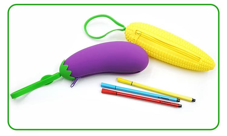Large-Capacity Silicone Pencil Case – Zippered, Fruit & Vegetable Cartoon Design (Student Stationery Storage Bag)